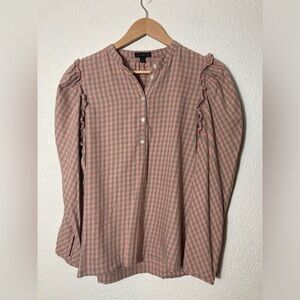 J Crew pink plaid popover blouse Medium long sleeve ruffle detail